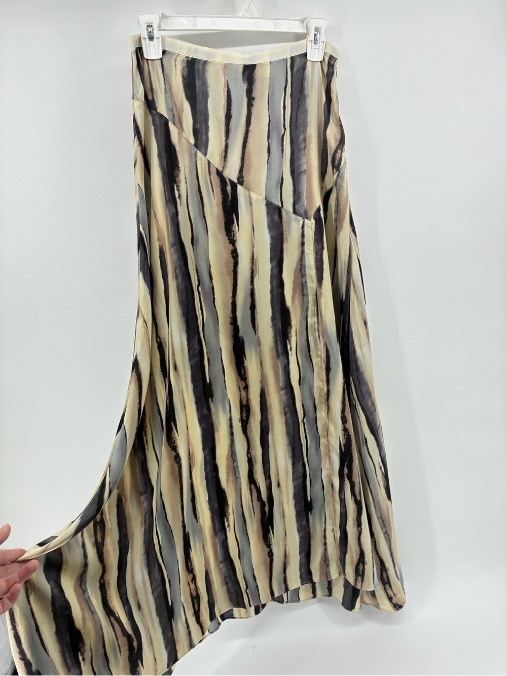 Striped Satin Bias Midi Skirt in Beige and Black